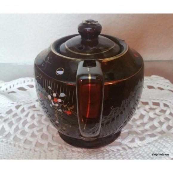 Antqiue Occupied Japan Teapot Brown Glazed Ceramic Hand Painted Flowers - Picture 7 of 12